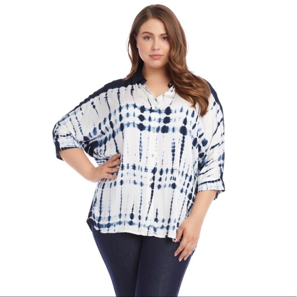 Karen Kane Blue and White Tie Dye Button Down Front Shirt Size 3X - Picture 2 of 16